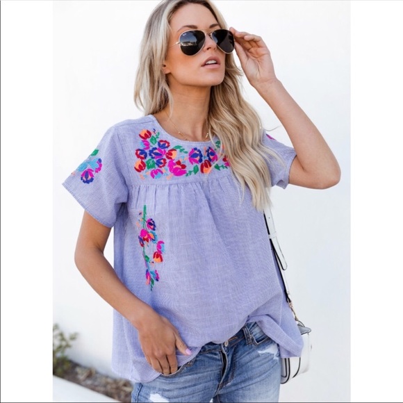 HOST PICK 3x🎉 Blue & White Stripe Embroidered Top - Picture 5 of 8